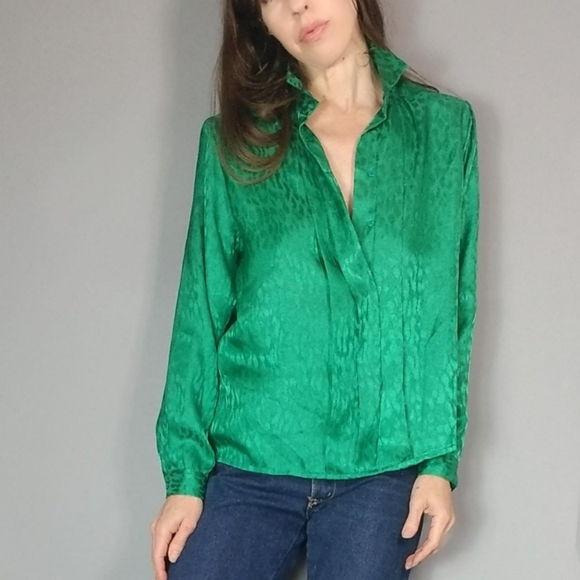 Vintage 80s 90s Emerald Green 💚 Blouse Festive Holiday s m - Picture 2 of 7